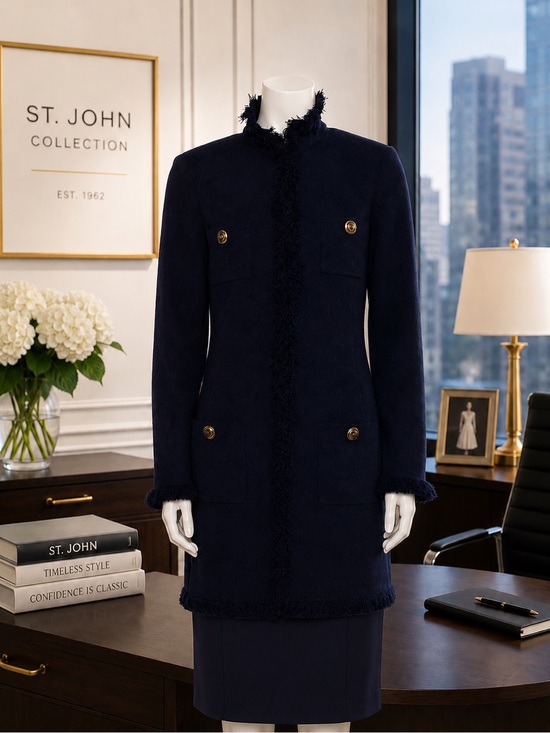 St. John Jackets & Blazers - St. John Collection Blue Fringe Trim Long Cardigan / Jacket – Size M (US 6)